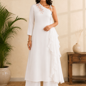 White Indo-Western Co-Ord Set with Ruffle