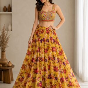 Yellow-Green Printed Two-Piece Lehenga Set