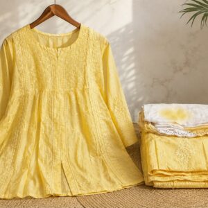 Tone to Tone Chanderi Chikankari 3Pc Kurta Set-Yellow
