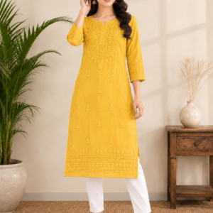 Tone-on-Tone 7D Chikankari Heavy Work Kurti- Yellow