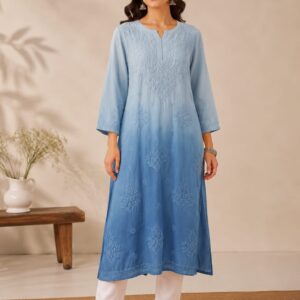 Premium Muslin Tone-on-Tone Ombre Chikankari Kurti - Blue