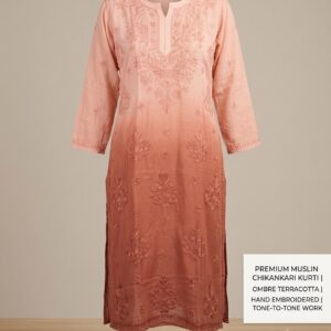Premium Muslin Tone-on-Tone Ombre Chikankari Kurti- Rust Orange