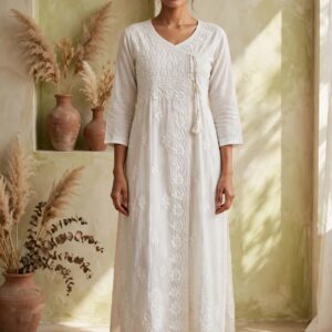 5D Handwork Chikankari on White Angrakha Kurti (Dyeble)
