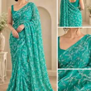 Pure Georgette Tepchi Handwork Chikankari Sea Green Saree – White Thread Embroidery